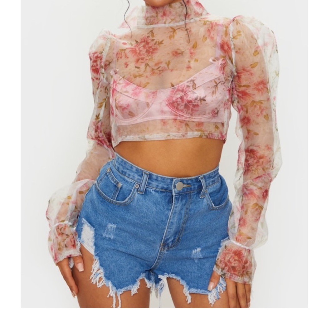 White Tie Back Floral Print Organza Crop Top